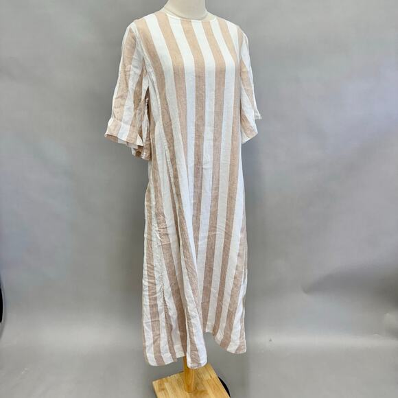 Everlane Linen A-Line Midi Dress Bone White/Caramel Stripe Size 8 Boxy Lagenlook - Picture 9 of 15
